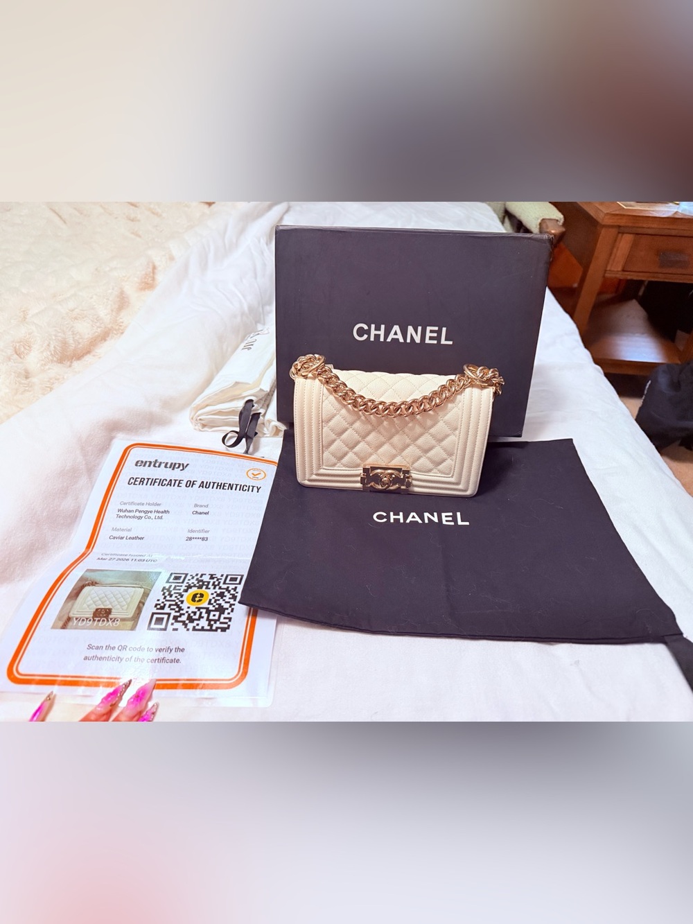 CHANEL caviar Cream Quilted Boy Flap Bag with Gold Chain
